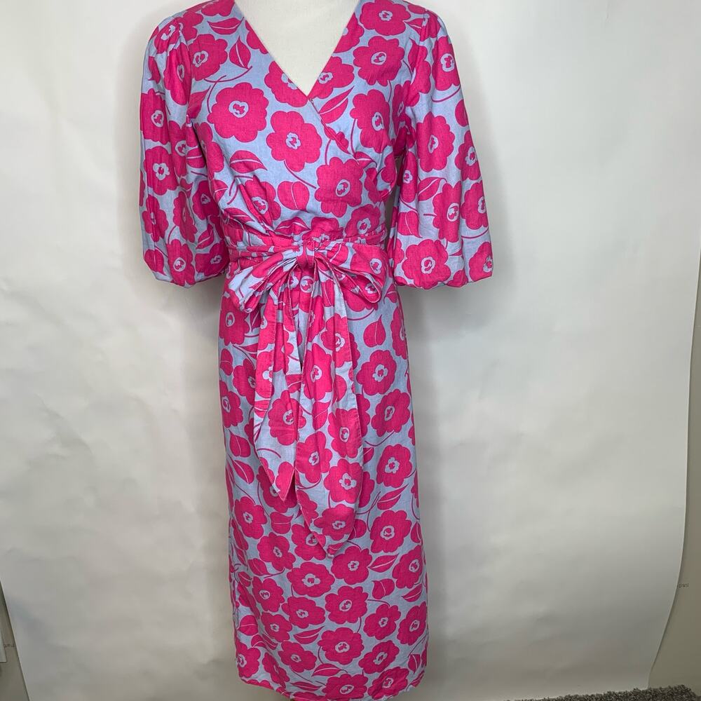 Charter Club Pink Blue Mod Floral Pattern Wrap Dress Linen Blend Small Petite